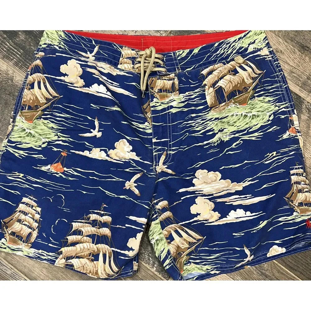 Polo Ralph Lauren Blue Swim‎ Trunks Lined Board Shorts Pirate Ship Buoy Mens 38